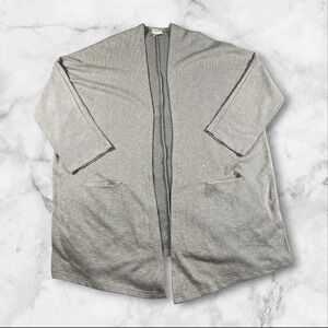 Ribbed‎ Knit Open Front Cardigan Cozy Minimalist Chic 3/4 Sleeve Pockets OSFA